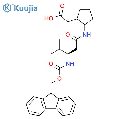 2-{2-(3R)-3-({(9H-fluoren-9-yl)methoxycarbonyl}amino)-4-methylpentanamidocyclopentyl}acetic acid structure