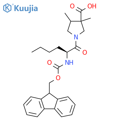 1-(2S)-2-({(9H-fluoren-9-yl)methoxycarbonyl}amino)hexanoyl-3,4-dimethylpyrrolidine-3-carboxylic acid structure