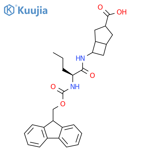 6-(2S)-2-({(9H-fluoren-9-yl)methoxycarbonyl}amino)pentanamidobicyclo3.2.0heptane-3-carboxylic acid structure