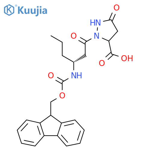 2-(3R)-3-({(9H-fluoren-9-yl)methoxycarbonyl}amino)hexanoyl-5-oxopyrazolidine-3-carboxylic acid structure