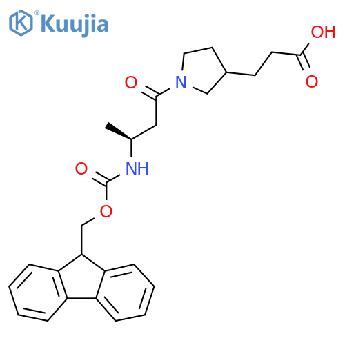 3-{1-(3S)-3-({(9H-fluoren-9-yl)methoxycarbonyl}amino)butanoylpyrrolidin-3-yl}propanoic acid structure
