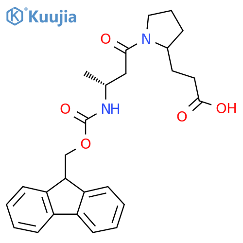 3-{1-(3R)-3-({(9H-fluoren-9-yl)methoxycarbonyl}amino)butanoylpyrrolidin-2-yl}propanoic acid structure