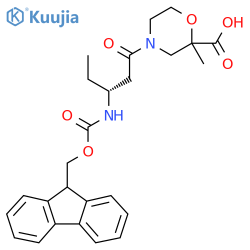 4-(3R)-3-({(9H-fluoren-9-yl)methoxycarbonyl}amino)pentanoyl-2-methylmorpholine-2-carboxylic acid structure