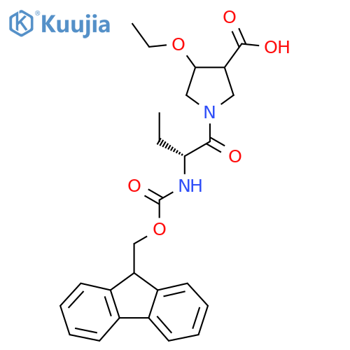 4-ethoxy-1-(2R)-2-({(9H-fluoren-9-yl)methoxycarbonyl}amino)butanoylpyrrolidine-3-carboxylic acid structure