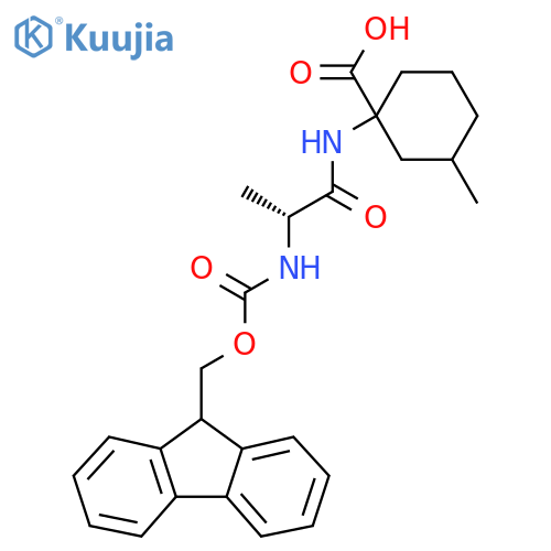1-(2R)-2-({(9H-fluoren-9-yl)methoxycarbonyl}amino)propanamido-3-methylcyclohexane-1-carboxylic acid structure