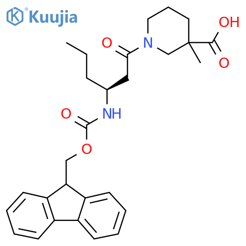 1-(3S)-3-({(9H-fluoren-9-yl)methoxycarbonyl}amino)hexanoyl-3-methylpiperidine-3-carboxylic acid structure