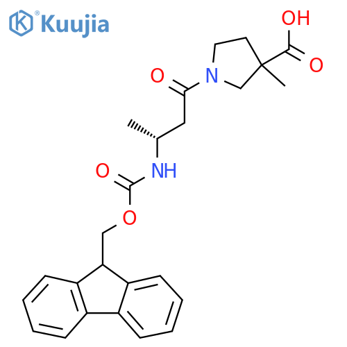 1-(3R)-3-({(9H-fluoren-9-yl)methoxycarbonyl}amino)butanoyl-3-methylpyrrolidine-3-carboxylic acid structure