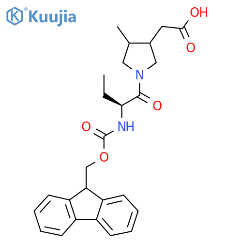 2-{1-(2S)-2-({(9H-fluoren-9-yl)methoxycarbonyl}amino)butanoyl-4-methylpyrrolidin-3-yl}acetic acid structure