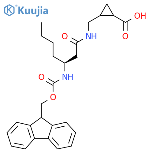 2-{(3S)-3-({(9H-fluoren-9-yl)methoxycarbonyl}amino)heptanamidomethyl}cyclopropane-1-carboxylic acid structure