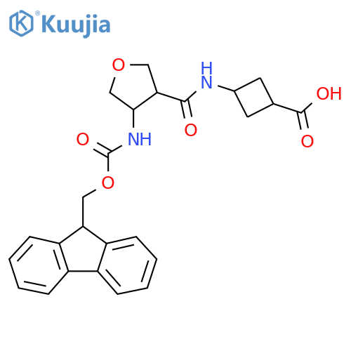 (1r,3r)-3-4-({(9H-fluoren-9-yl)methoxycarbonyl}amino)oxolane-3-amidocyclobutane-1-carboxylic acid structure