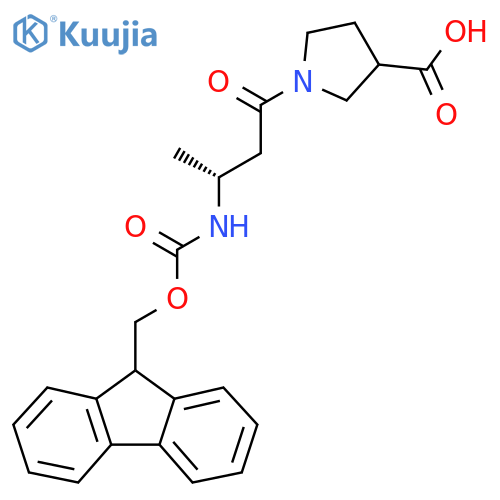 1-(3R)-3-({(9H-fluoren-9-yl)methoxycarbonyl}amino)butanoylpyrrolidine-3-carboxylic acid structure