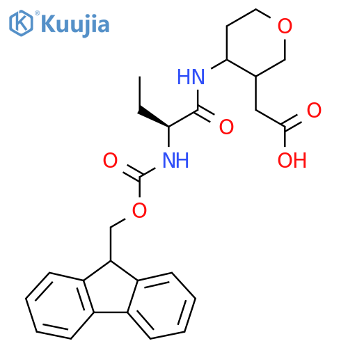 2-{4-(2S)-2-({(9H-fluoren-9-yl)methoxycarbonyl}amino)butanamidooxan-3-yl}acetic acid structure