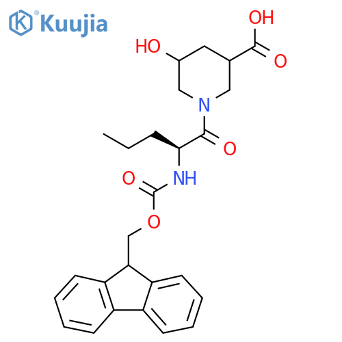 1-(2S)-2-({(9H-fluoren-9-yl)methoxycarbonyl}amino)pentanoyl-5-hydroxypiperidine-3-carboxylic acid structure