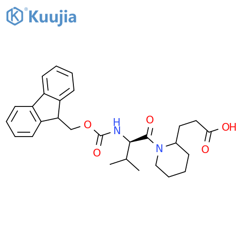 3-{1-(2R)-2-({(9H-fluoren-9-yl)methoxycarbonyl}amino)-3-methylbutanoylpiperidin-2-yl}propanoic acid structure