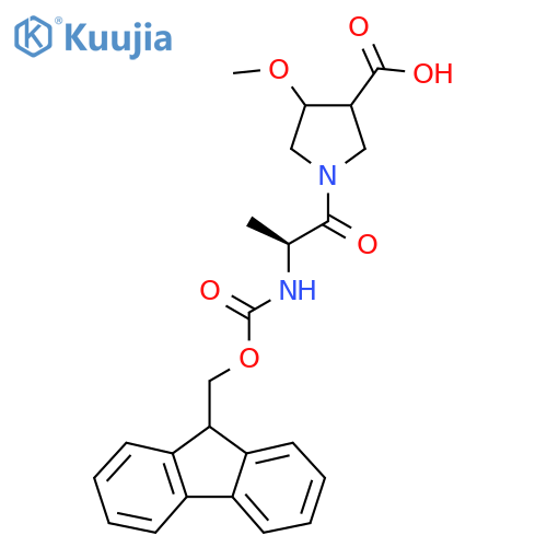 1-(2S)-2-({(9H-fluoren-9-yl)methoxycarbonyl}amino)propanoyl-4-methoxypyrrolidine-3-carboxylic acid structure