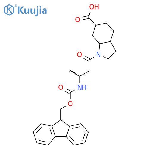 1-(3R)-3-({(9H-fluoren-9-yl)methoxycarbonyl}amino)butanoyl-octahydro-1H-indole-6-carboxylic acid structure