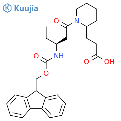 3-{1-(3S)-3-({(9H-fluoren-9-yl)methoxycarbonyl}amino)pentanoylpiperidin-2-yl}propanoic acid structure