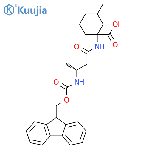 1-(3R)-3-({(9H-fluoren-9-yl)methoxycarbonyl}amino)butanamido-3-methylcyclohexane-1-carboxylic acid structure