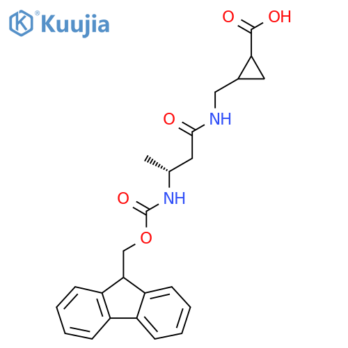 2-{(3R)-3-({(9H-fluoren-9-yl)methoxycarbonyl}amino)butanamidomethyl}cyclopropane-1-carboxylic acid structure