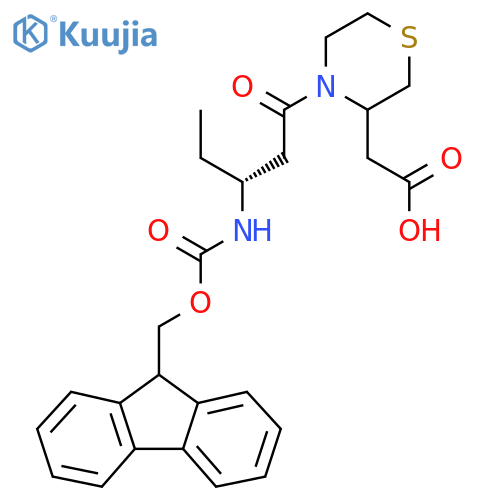 2-{4-(3R)-3-({(9H-fluoren-9-yl)methoxycarbonyl}amino)pentanoylthiomorpholin-3-yl}acetic acid structure