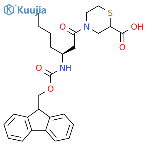 4-(3S)-3-({(9H-fluoren-9-yl)methoxycarbonyl}amino)heptanoylthiomorpholine-2-carboxylic acid structure