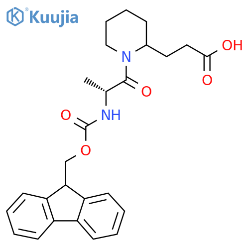 3-{1-(2R)-2-({(9H-fluoren-9-yl)methoxycarbonyl}amino)propanoylpiperidin-2-yl}propanoic acid structure