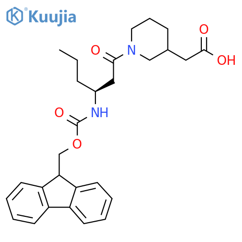 2-{1-(3S)-3-({(9H-fluoren-9-yl)methoxycarbonyl}amino)hexanoylpiperidin-3-yl}acetic acid structure
