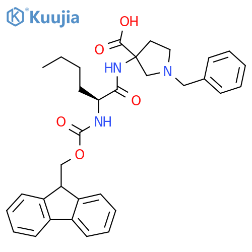 1-benzyl-3-(2S)-2-({(9H-fluoren-9-yl)methoxycarbonyl}amino)hexanamidopyrrolidine-3-carboxylic acid structure