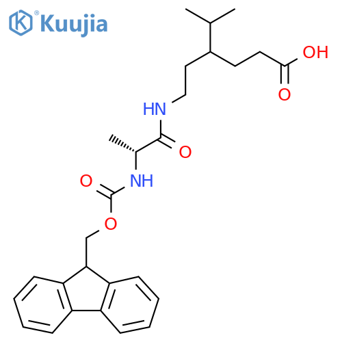 4-{2-[(2R)-2-({[(9H-fluoren-9-yl)methoxy]carbonyl}amino)propanamido]ethyl}-5-methylhexanoic acid structure