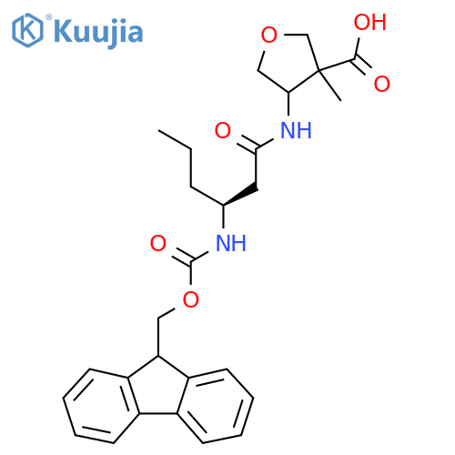 4-(3S)-3-({(9H-fluoren-9-yl)methoxycarbonyl}amino)hexanamido-3-methyloxolane-3-carboxylic acid structure