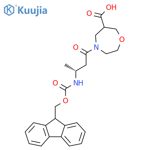 4-(3R)-3-({(9H-fluoren-9-yl)methoxycarbonyl}amino)butanoyl-1,4-oxazepane-6-carboxylic acid structure