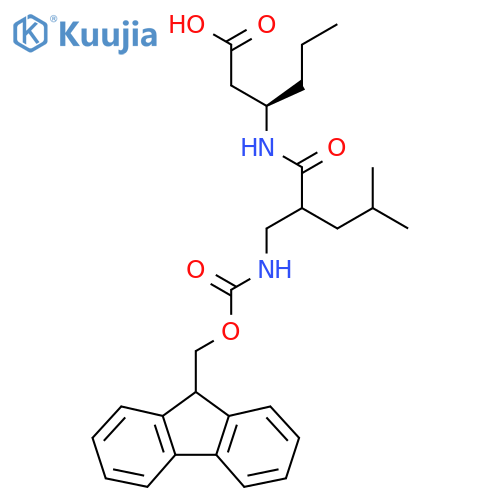 (3R)-3-{2-({(9H-fluoren-9-yl)methoxycarbonyl}amino)methyl-4-methylpentanamido}hexanoic acid structure