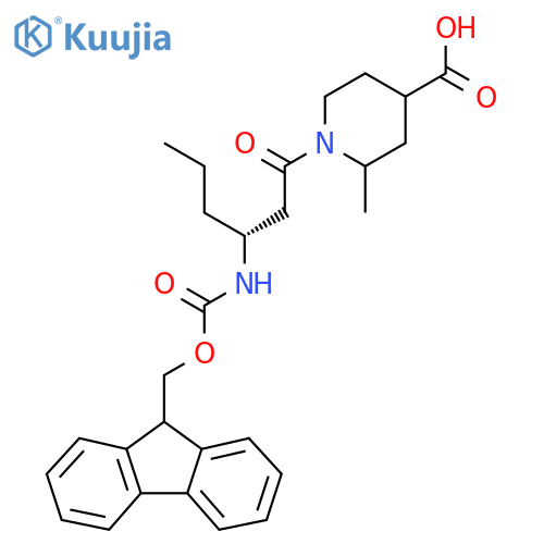 1-(3R)-3-({(9H-fluoren-9-yl)methoxycarbonyl}amino)hexanoyl-2-methylpiperidine-4-carboxylic acid structure