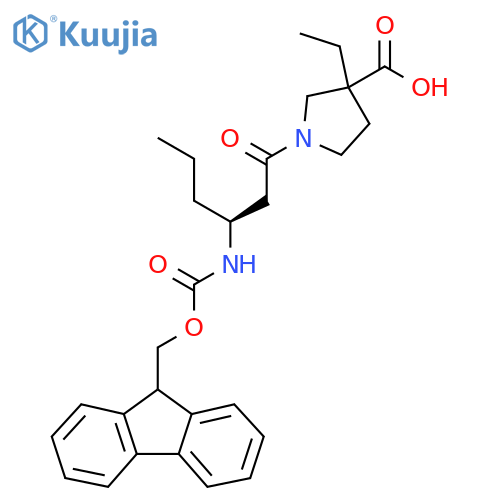 3-ethyl-1-(3S)-3-({(9H-fluoren-9-yl)methoxycarbonyl}amino)hexanoylpyrrolidine-3-carboxylic acid structure