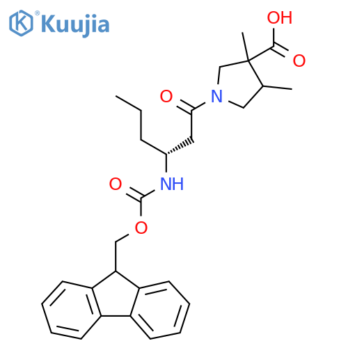 1-(3R)-3-({(9H-fluoren-9-yl)methoxycarbonyl}amino)hexanoyl-3,4-dimethylpyrrolidine-3-carboxylic acid structure