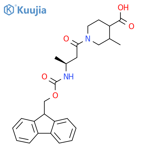 1-(3S)-3-({(9H-fluoren-9-yl)methoxycarbonyl}amino)butanoyl-3-methylpiperidine-4-carboxylic acid structure