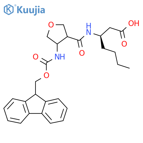 (3R)-3-{4-({(9H-fluoren-9-yl)methoxycarbonyl}amino)oxolan-3-ylformamido}heptanoic acid structure