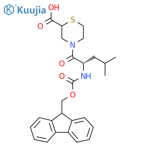 4-(2S)-2-({(9H-fluoren-9-yl)methoxycarbonyl}amino)-4-methylpentanoylthiomorpholine-2-carboxylic acid structure
