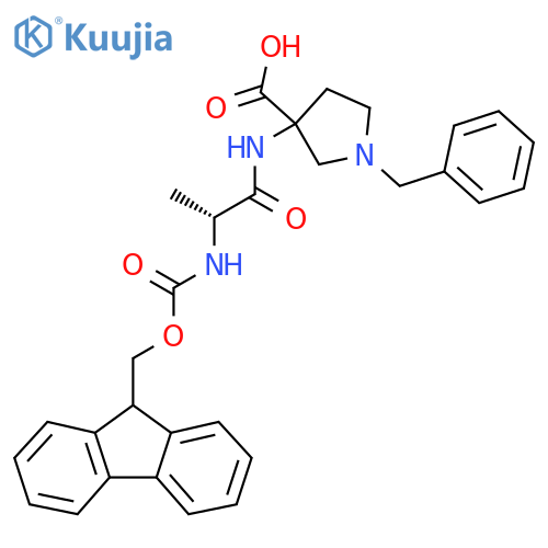 1-benzyl-3-(2R)-2-({(9H-fluoren-9-yl)methoxycarbonyl}amino)propanamidopyrrolidine-3-carboxylic acid structure