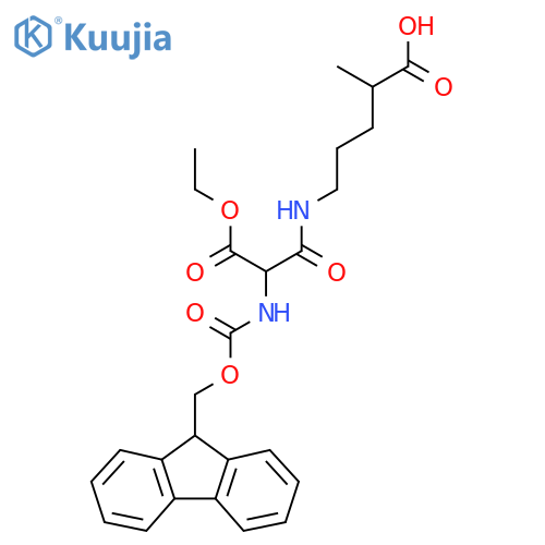 5-2-(ethyl carboxy)-2-({(9H-fluoren-9-yl)methoxycarbonyl}amino)acetamido-2-methylpentanoic acid structure