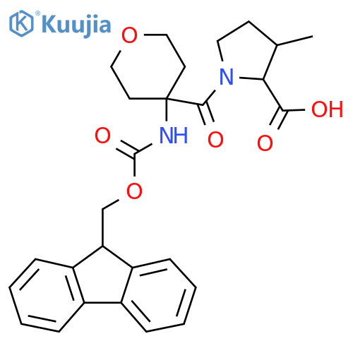 1-4-({(9H-fluoren-9-yl)methoxycarbonyl}amino)oxane-4-carbonyl-3-methylpyrrolidine-2-carboxylic acid structure