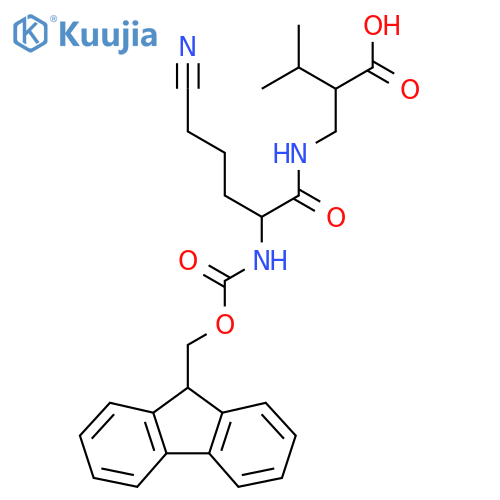 2-{5-cyano-2-({(9H-fluoren-9-yl)methoxycarbonyl}amino)pentanamidomethyl}-3-methylbutanoic acid structure