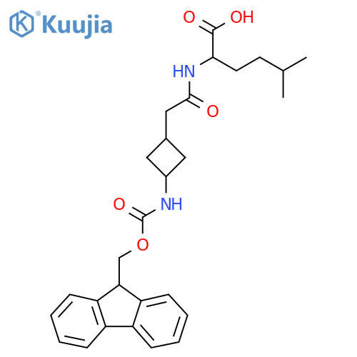 2-{2-3-({(9H-fluoren-9-yl)methoxycarbonyl}amino)cyclobutylacetamido}-5-methylhexanoic acid structure