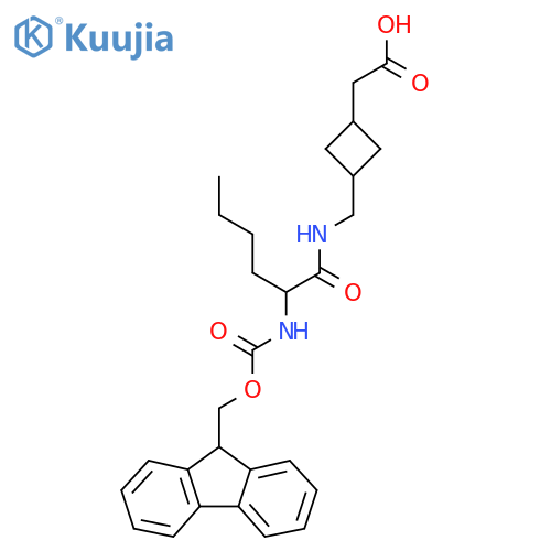 2-(3-{2-({(9H-fluoren-9-yl)methoxycarbonyl}amino)hexanamidomethyl}cyclobutyl)acetic acid structure