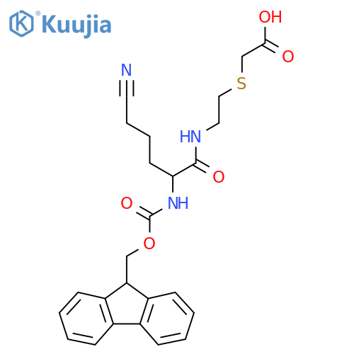 2-({2-5-cyano-2-({(9H-fluoren-9-yl)methoxycarbonyl}amino)pentanamidoethyl}sulfanyl)acetic acid structure