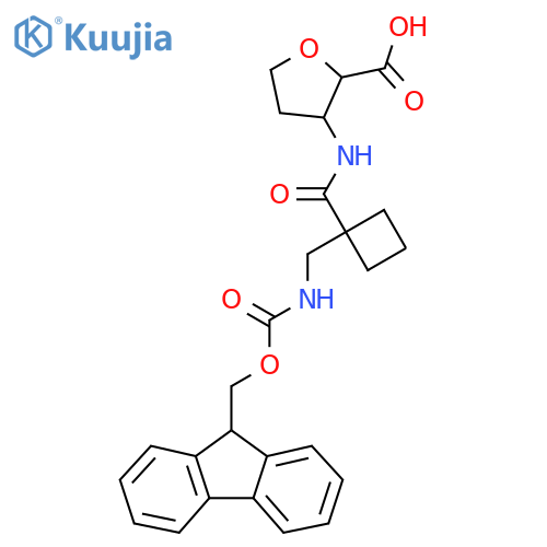 3-{1-({(9H-fluoren-9-yl)methoxycarbonyl}amino)methylcyclobutaneamido}oxolane-2-carboxylic acid structure