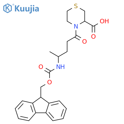 4-4-({(9H-fluoren-9-yl)methoxycarbonyl}amino)pentanoylthiomorpholine-3-carboxylic acid structure