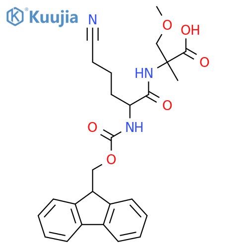 2-5-cyano-2-({(9H-fluoren-9-yl)methoxycarbonyl}amino)pentanamido-3-methoxy-2-methylpropanoic acid structure