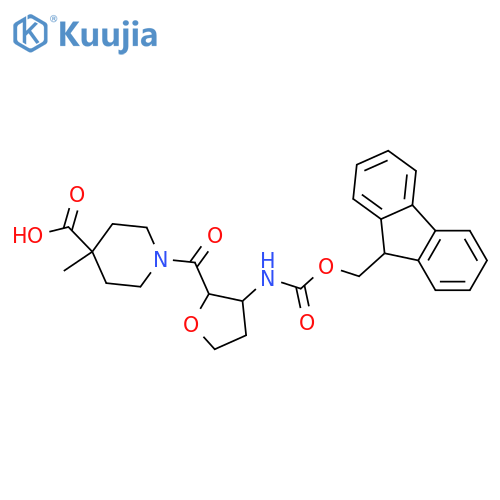 1-3-({(9H-fluoren-9-yl)methoxycarbonyl}amino)oxolane-2-carbonyl-4-methylpiperidine-4-carboxylic acid structure