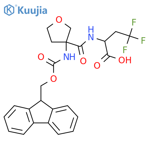 2-{3-({(9H-fluoren-9-yl)methoxycarbonyl}amino)oxolan-3-ylformamido}-4,4,4-trifluorobutanoic acid structure